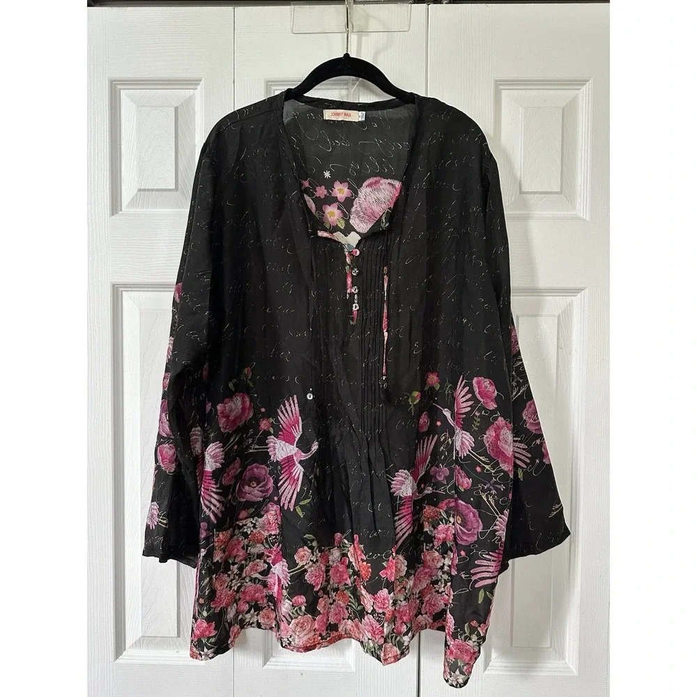 JOHNNY WAS Longhorn Skull 100% SILK SEMI SHEER Kimono Sz XL Birds Floral